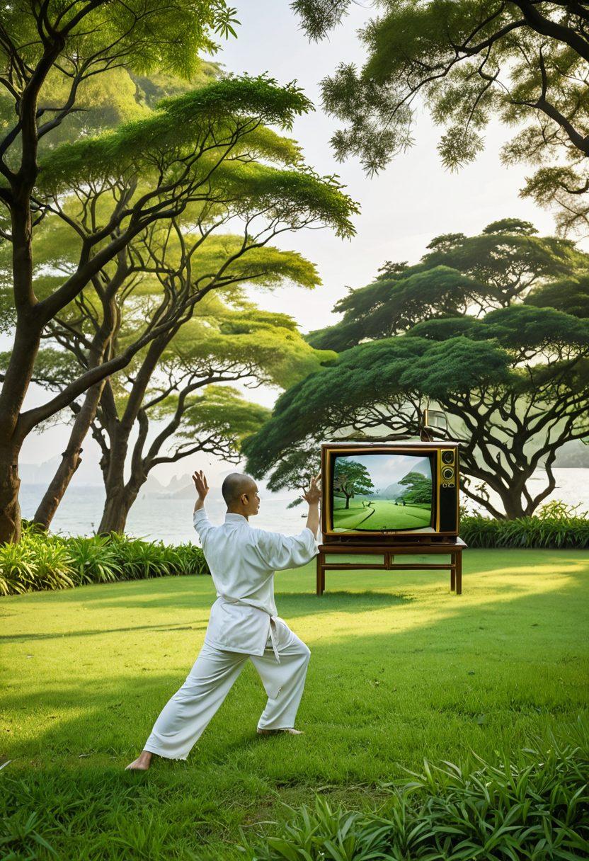 A serene scene depicting a person practicing Tai Chi in a park, surrounded by lush greenery, while a retro television stands in the foreground, displaying scenes of traditional Taiwanese culture. The sky is illuminated with soft golden hues, creating a harmonious balance between nature and modern life. The person is in a graceful pose, embodying tranquility amidst the chaotic world of television. super-realistic. vibrant colors. peaceful atmosphere.