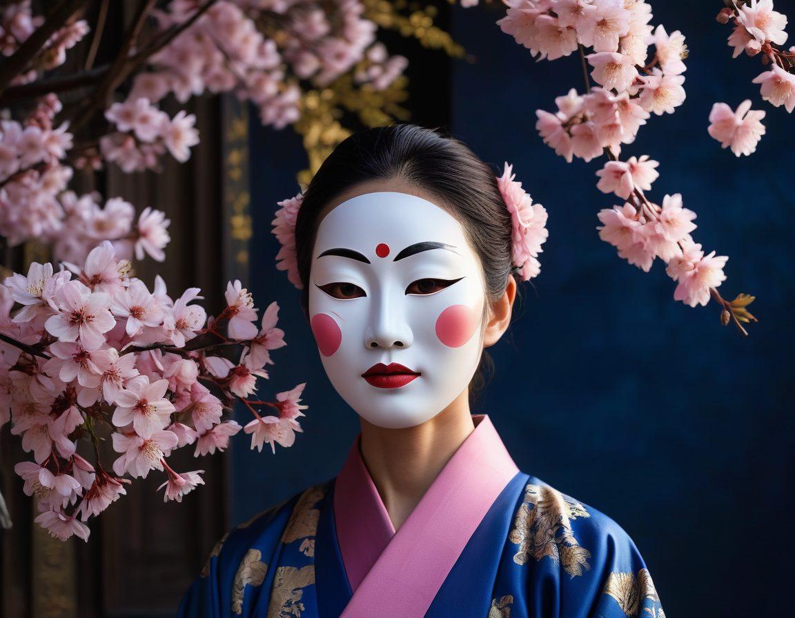 A poignant scene capturing a Taiwanese theatre, with a spotlight illuminating a lone performer expressing deep emotion, surrounded by masks symbolizing both sorrow and grace. In the background, delicate cherry blossoms and subtle images of iconic Taiwanese landscapes blend, representing cultural depth and resilience. The color palette should evoke a sense of melancholy transitioning to hope. super-realistic. vibrant colors.