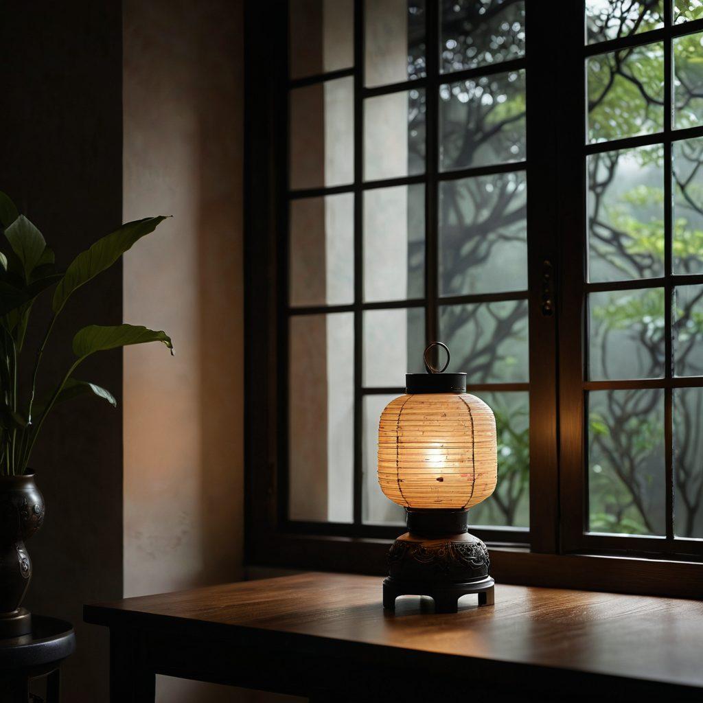 A lantern softly glowing in a dimly lit room, surrounded by traditional Taiwanese artifacts like a tea set and intricate paper cuttings, with shadows dancing across the walls. A touch of melancholy is conveyed through a gentle rain outside the window, reflecting a deep emotional connection to Taiwanese culture. The overall tone is serene and contemplative, inviting viewers to delve into the depth of media narratives. super-realistic. muted colors. soft focus.